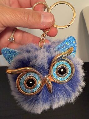 Blue Furry Owl Keychain/Bag charm with Gold Accents